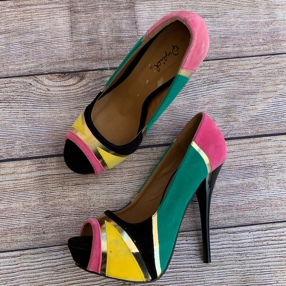 Qupid Multicolor Faux Suede Open Toe Heels - Picture 7 of 7